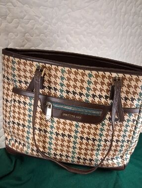 Spartina 449 Brown Natural Linen ,Leather, Cream & Teal Houndstooth Tote  W/flaw